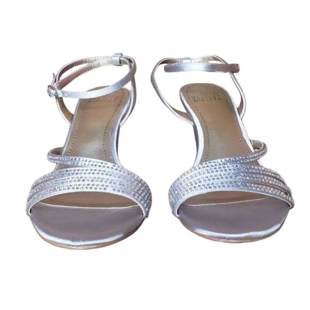 BADGLEY MISCHKA Belle Silver Satin Wedge Heels Sandals Womens Size 6